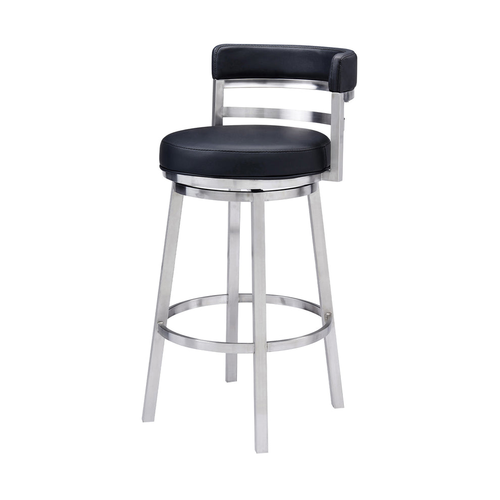 Black And Silver Faux Leather And Iron Swivel Low Back Bar Height Bar Chair By Homeroots | Bar Stools | Modishstore - 4