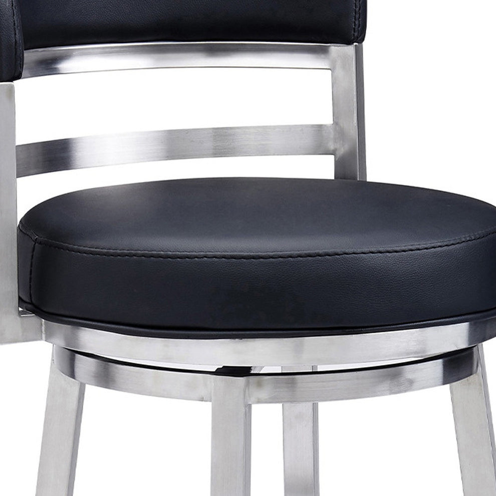 Black And Silver Faux Leather And Iron Swivel Low Back Counter Height Bar Chair By Homeroots | Bar Stools | Modishstore - 2
