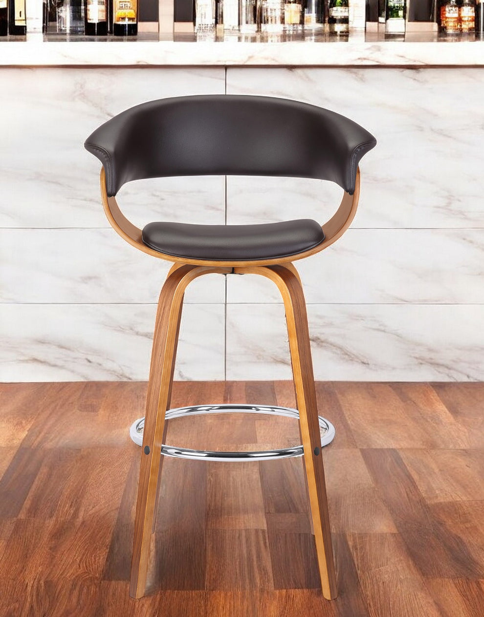 Brown Faux Leather And Solid Wood Swivel Low Back Bar Height Bar Chair By Homeroots | Bar Stools | Modishstore - 2