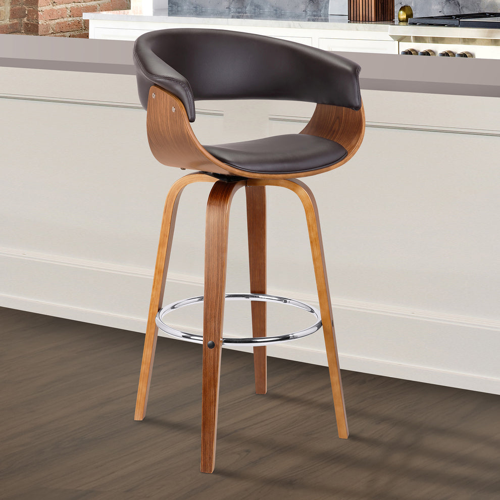 Brown Faux Leather And Solid Wood Swivel Low Back Bar Height Bar Chair By Homeroots | Bar Stools | Modishstore - 8