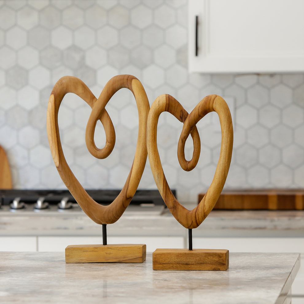 Teak Knotted Heart on Stand - 20"H Set of 2 By Garden Age Supply | Sculptures | Modishstore - 2