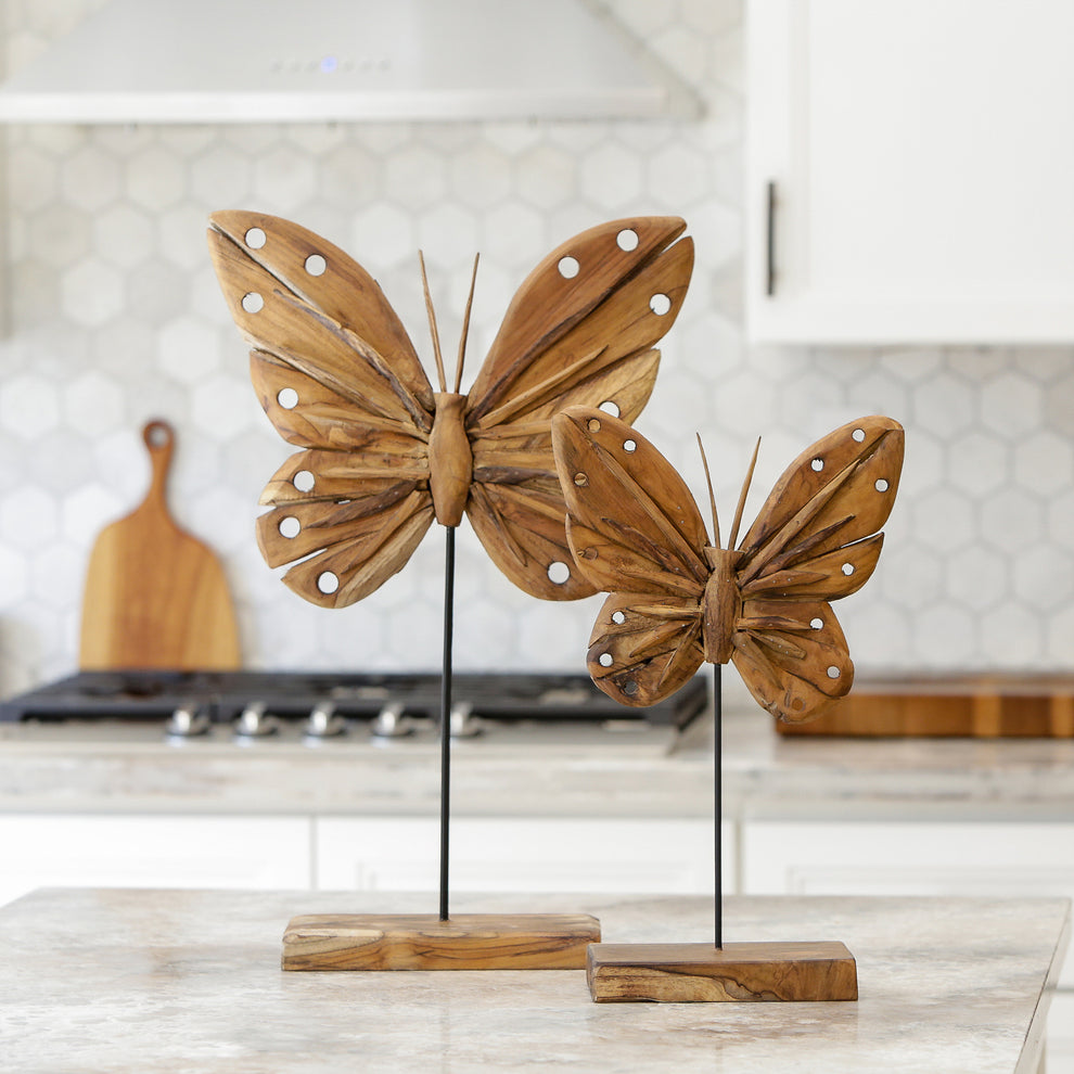 Eroded Teak Butterfly on Stand - 20" Set of 2 By Garden Age Supply | Sculptures | Modishstore - 2