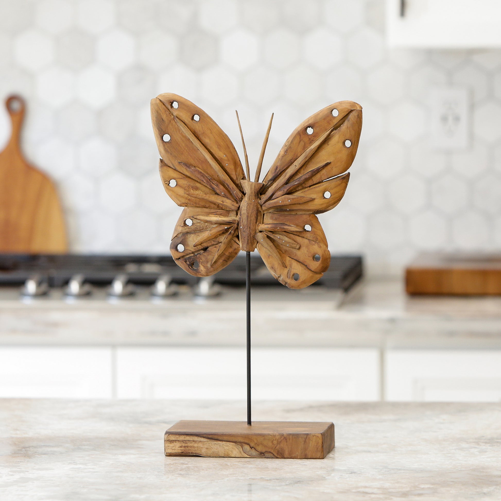 Eroded Teak Butterfly on Stand - 20" Set of 2 By Garden Age Supply | Sculptures | Modishstore - 1