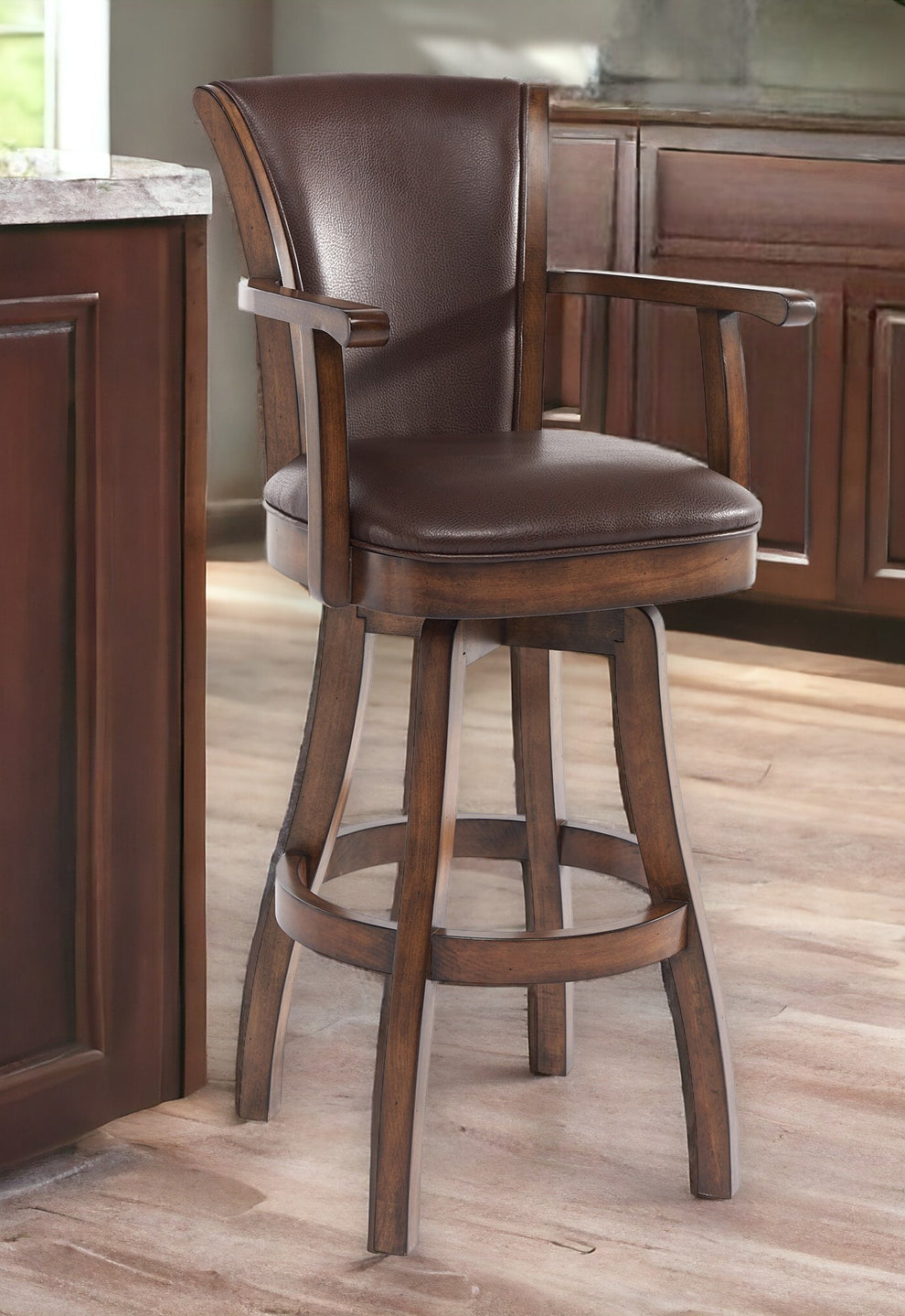 Brown And Chestnut Faux Leather And Solid Wood Swivel Counter Height Bar Chair By Homeroots | Bar Stools | Modishstore - 2