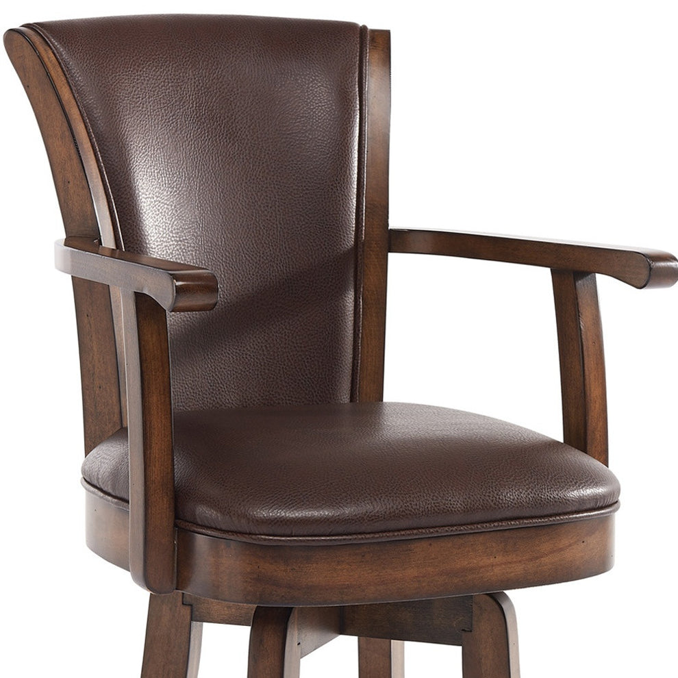 Brown And Chestnut Faux Leather And Solid Wood Swivel Counter Height Bar Chair By Homeroots | Bar Stools | Modishstore - 7
