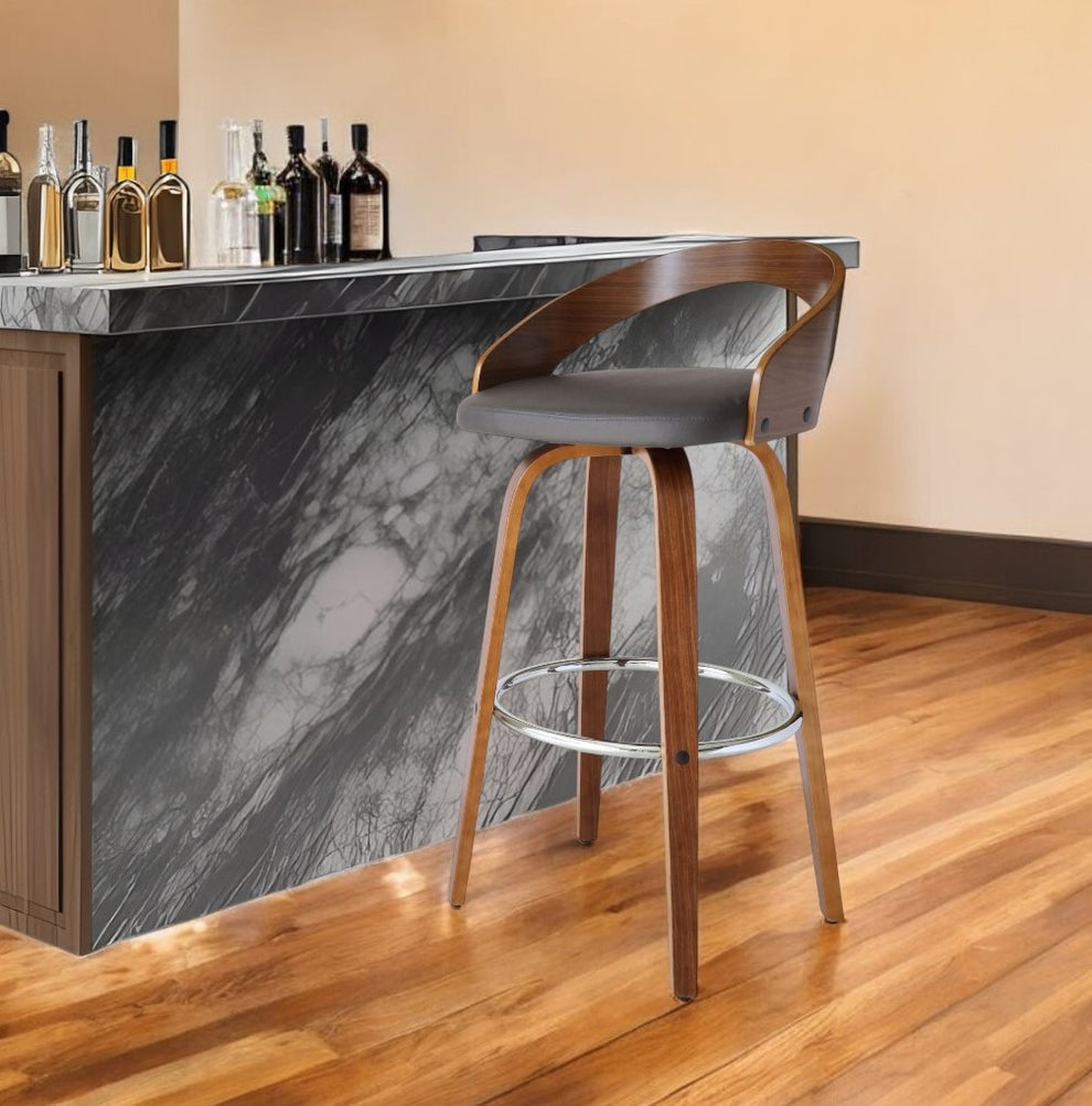 Gray and Brown Faux Leather and Iron Low Back Bar Height Swivel Bar Chair By Homeroots | Bar Stools | Modishstore - 2