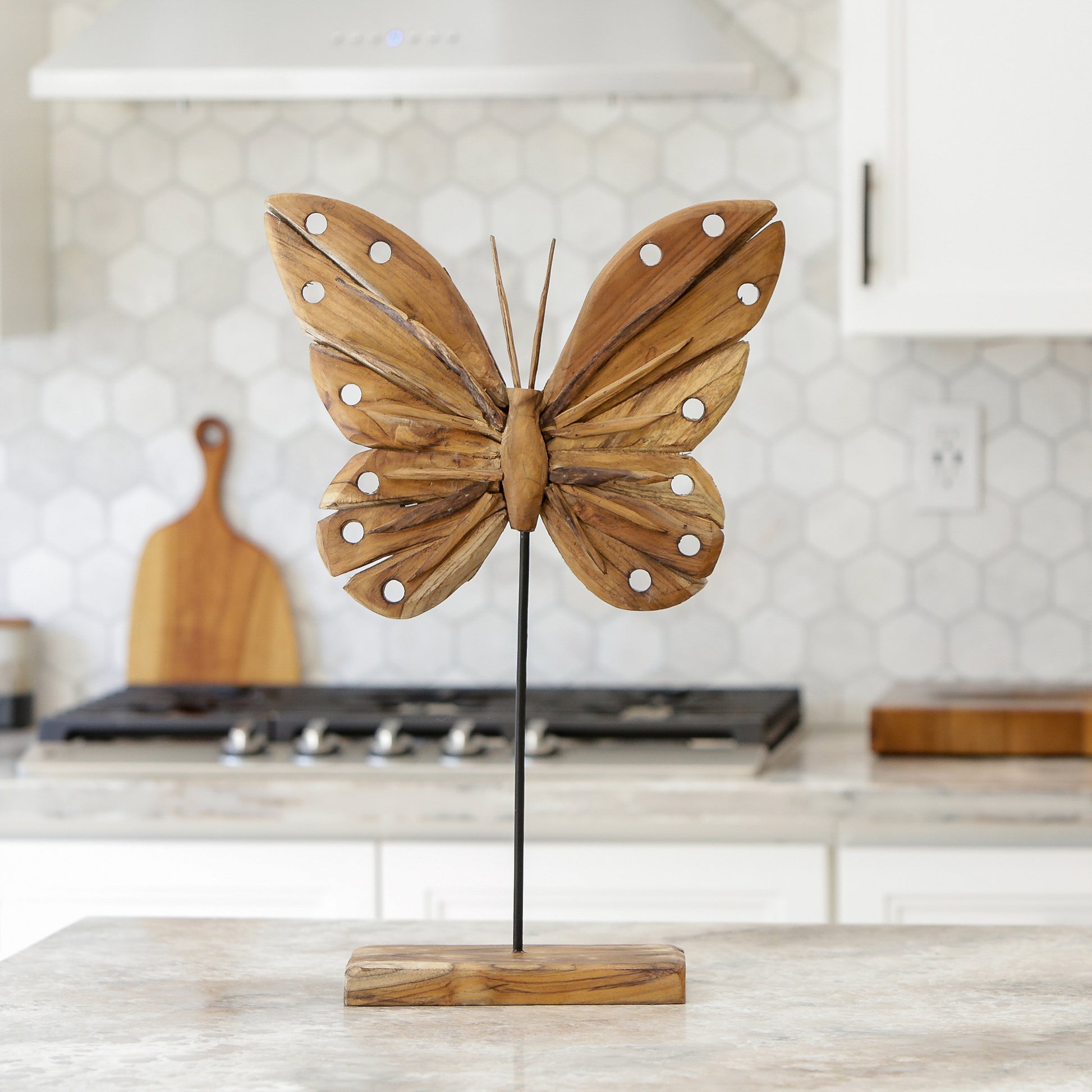 Eroded Teak Butterfly on Stand - 24" Set of 2 By Garden Age Supply | Sculptures | Modishstore - 1