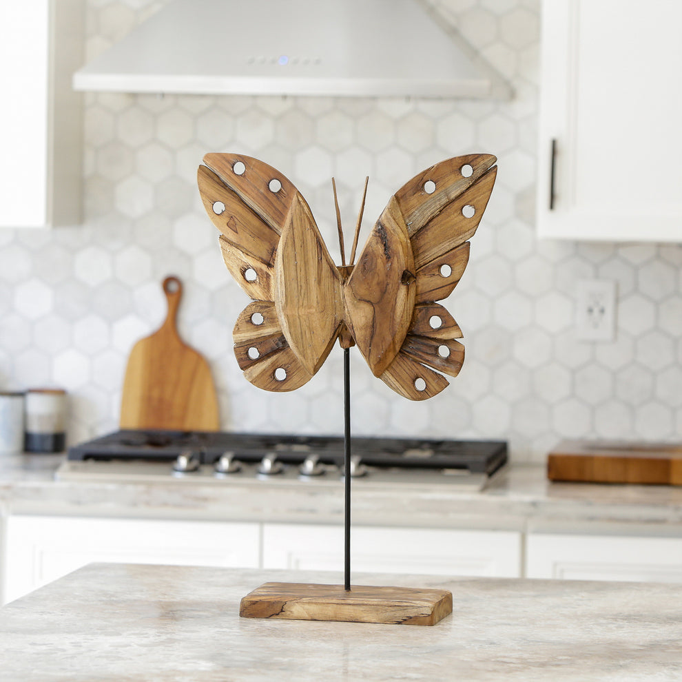 Eroded Teak Butterfly on Stand - 24" Set of 2 By Garden Age Supply | Sculptures | Modishstore - 2