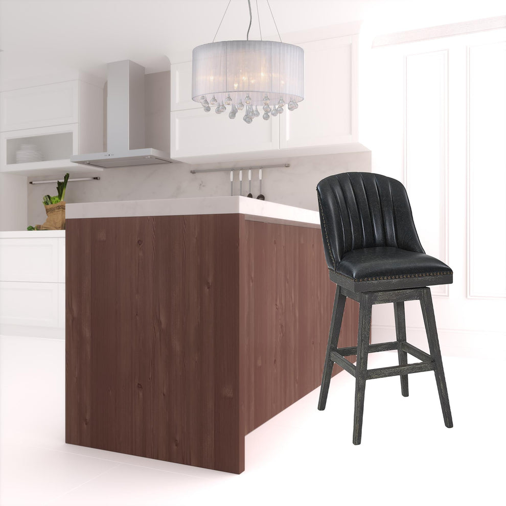 Onyx And Gray Faux Leather And Solid Wood Swivel Bar Height Bar Chair By Homeroots | Bar Stools | Modishstore - 2