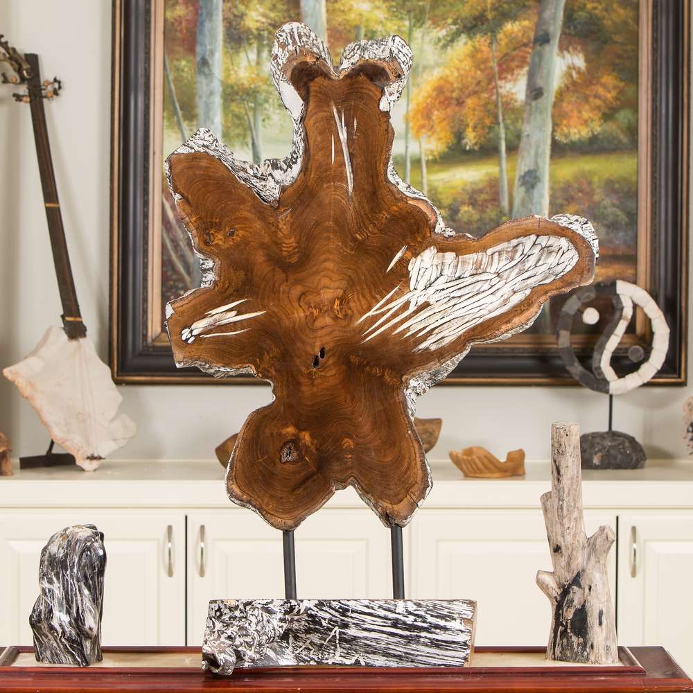 Teak Slab on Stand - Burnt Finish By Garden Age Supply | Sculptures | Modishstore - 1