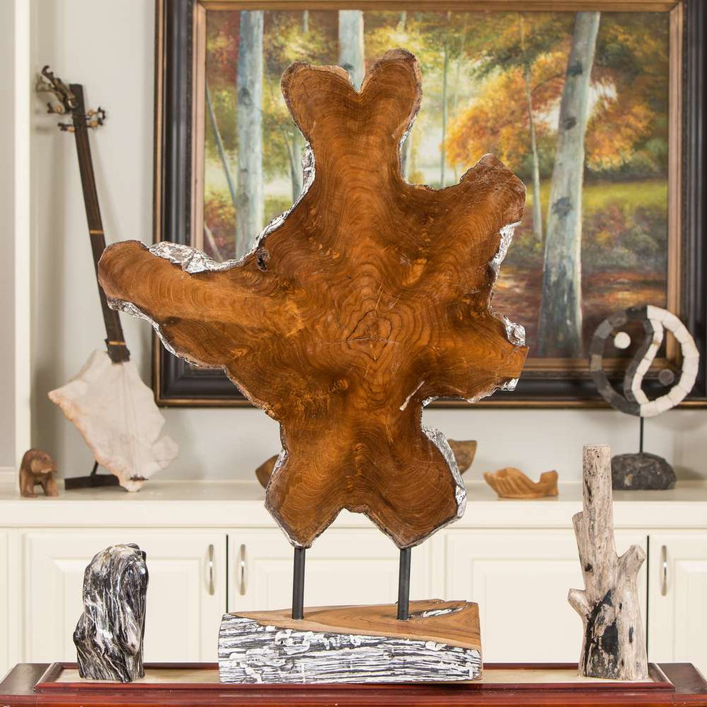 Teak Slab on Stand - Burnt Finish By Garden Age Supply | Sculptures | Modishstore - 2