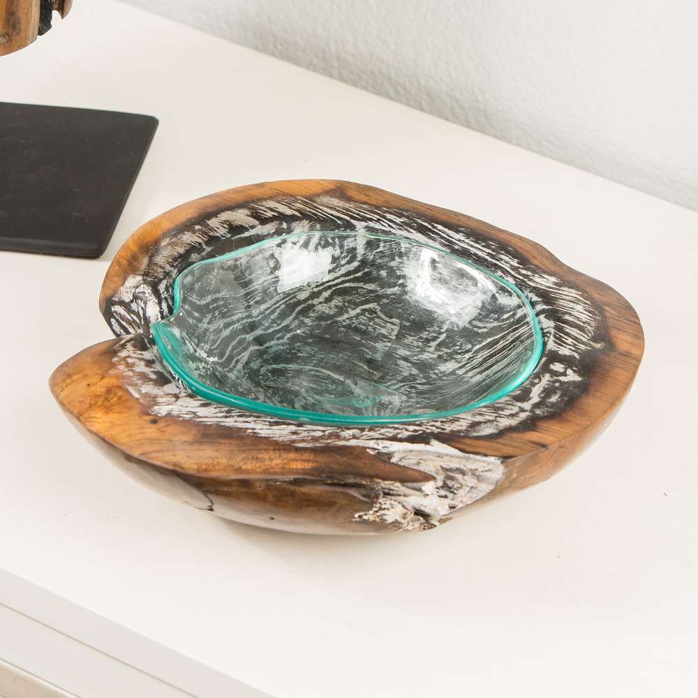 Round Teak Bowl with Glass Liner - Burnt Finish Set of 4 By Garden Age Supply | Decorative Bowls | Modishstore - 1