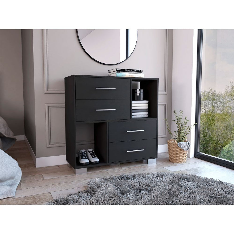 Black Manufactured Wood Four Drawer Dresser with Cubes By Homeroots | Dressers | Modishstore - 6