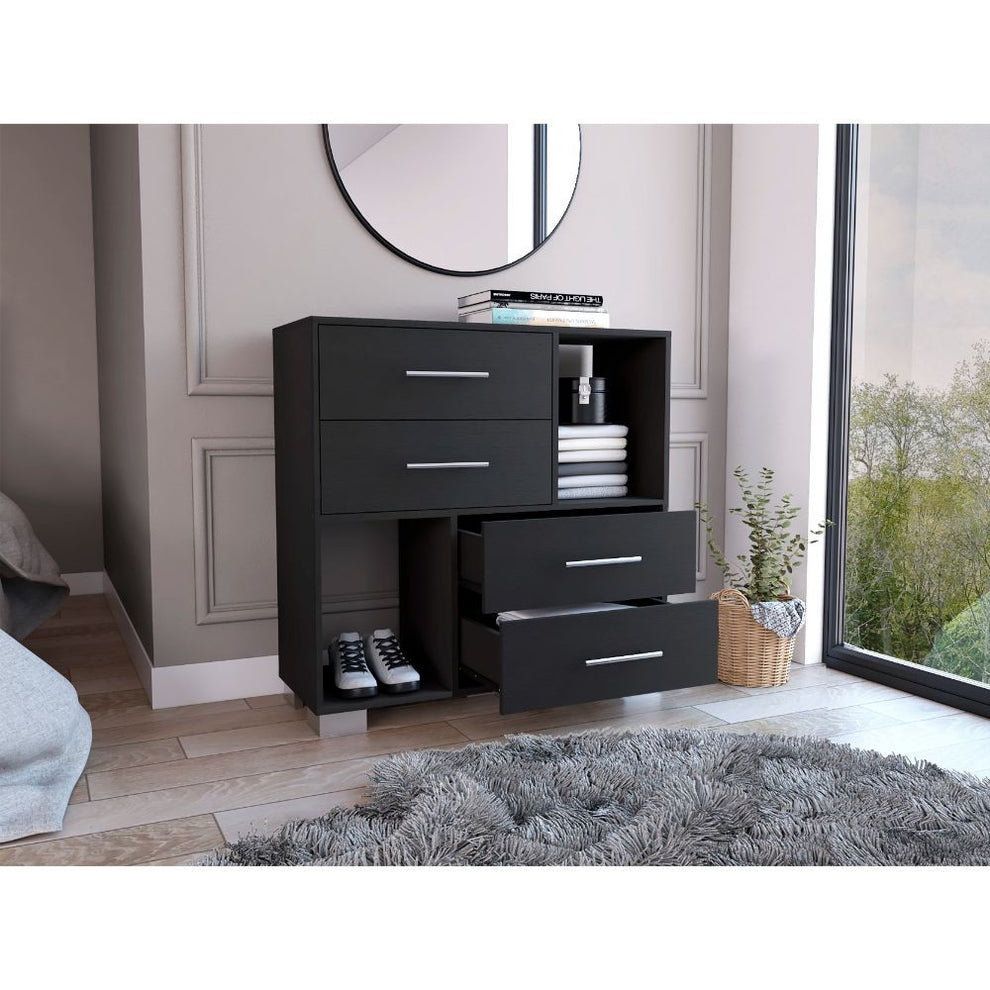 Black Manufactured Wood Four Drawer Dresser with Cubes By Homeroots | Dressers | Modishstore - 3
