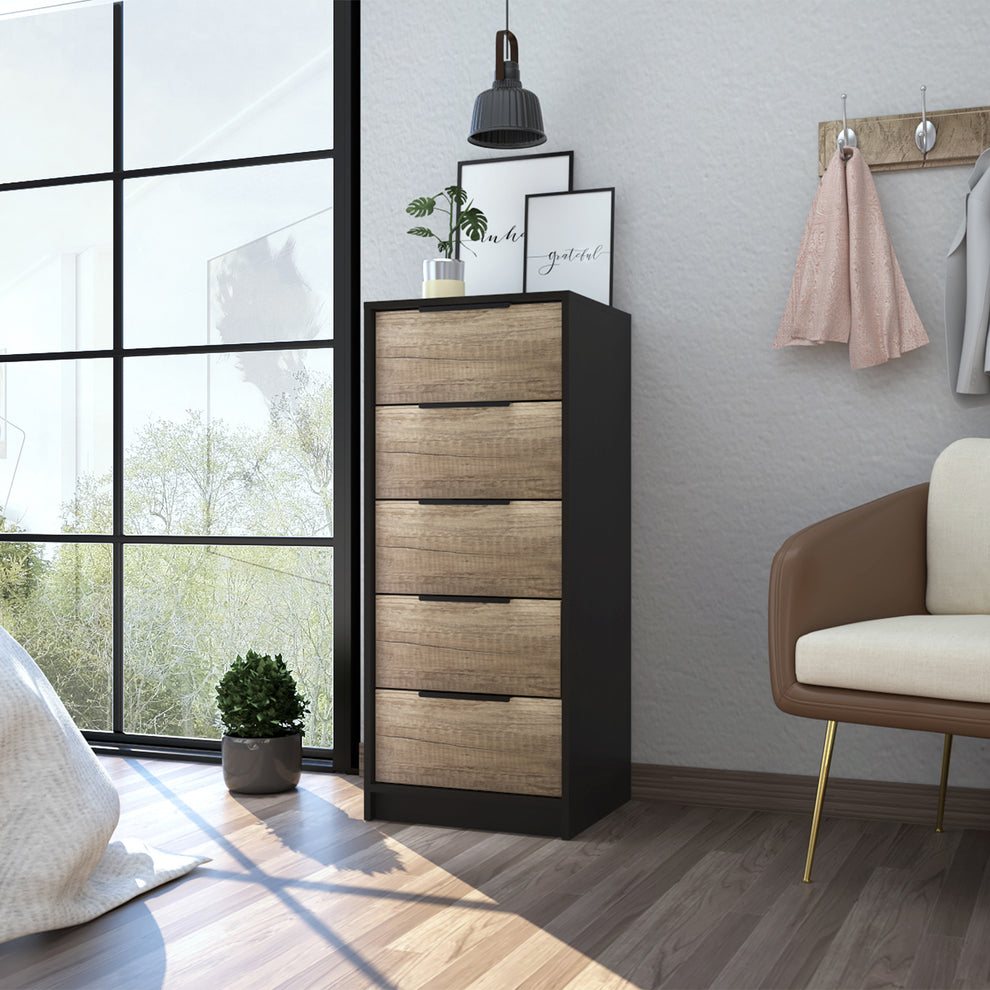 Black And Light Oak Manufactured Wood Five Drawer Chest By Homeroots | Dressers | Modishstore - 6