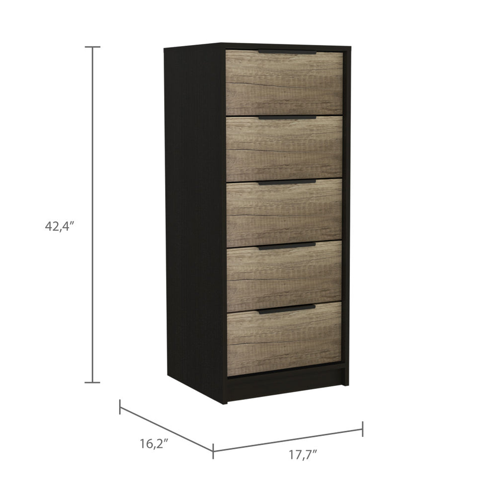 Black And Light Oak Manufactured Wood Five Drawer Chest By Homeroots | Dressers | Modishstore - 4