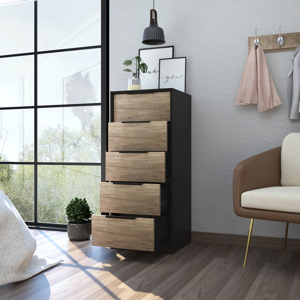 Black And Light Oak Manufactured Wood Five Drawer Chest By Homeroots | Dressers | Modishstore - 3