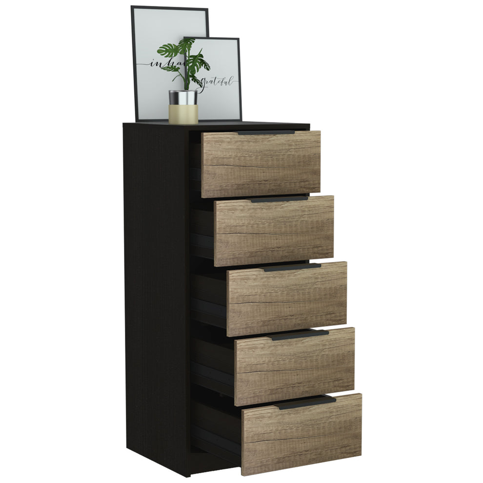 Black And Light Oak Manufactured Wood Five Drawer Chest By Homeroots | Dressers | Modishstore - 5