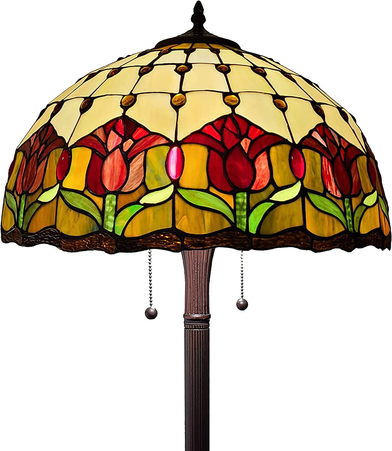 Brown Two Light Traditional Shaped Floor Lamp With Red Flowers Stained Glass Dome Shade By Homeroots | Floor Lamps | Modishstore - 6