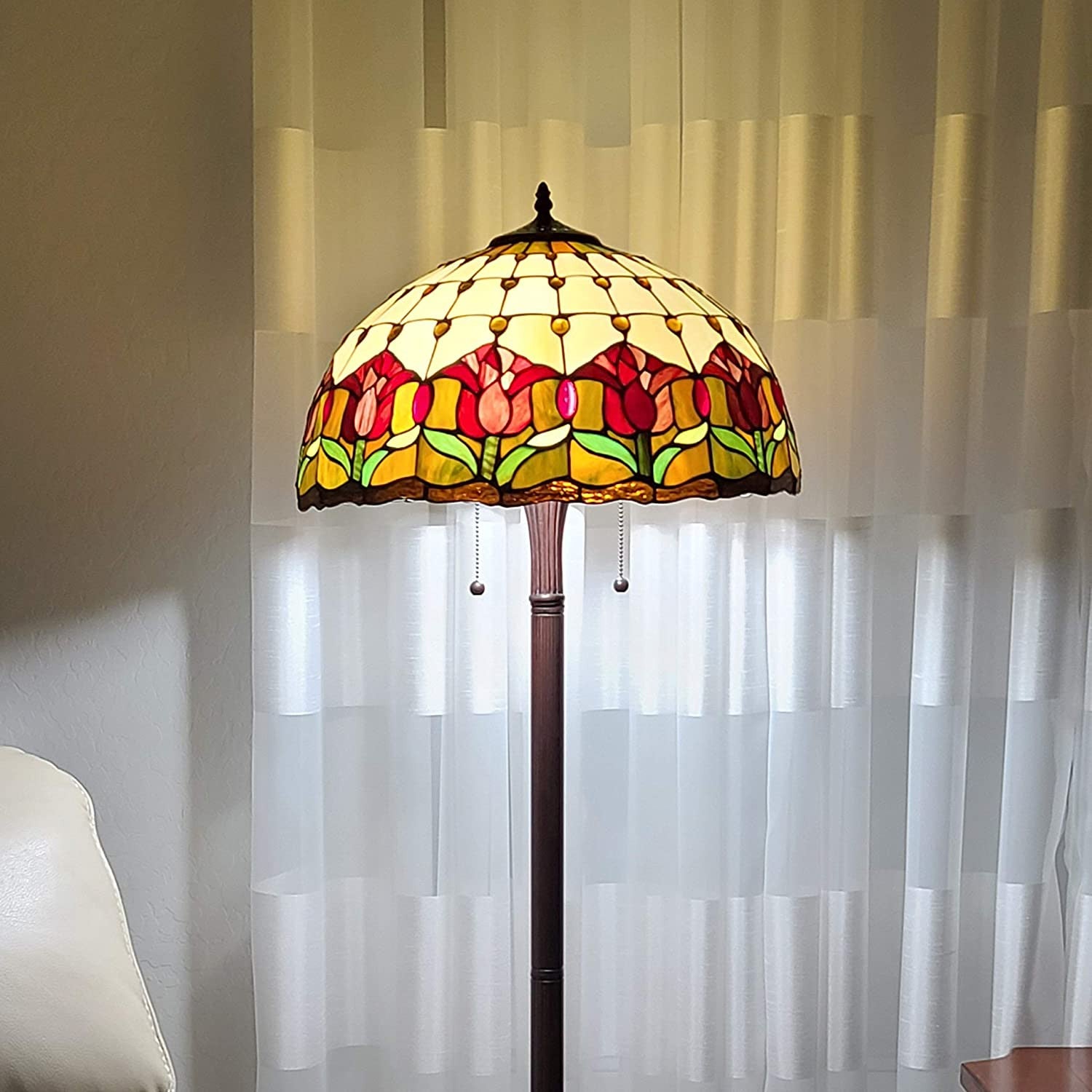 Brown Two Light Traditional Shaped Floor Lamp With Red Flowers Stained Glass Dome Shade By Homeroots | Floor Lamps | Modishstore - 4