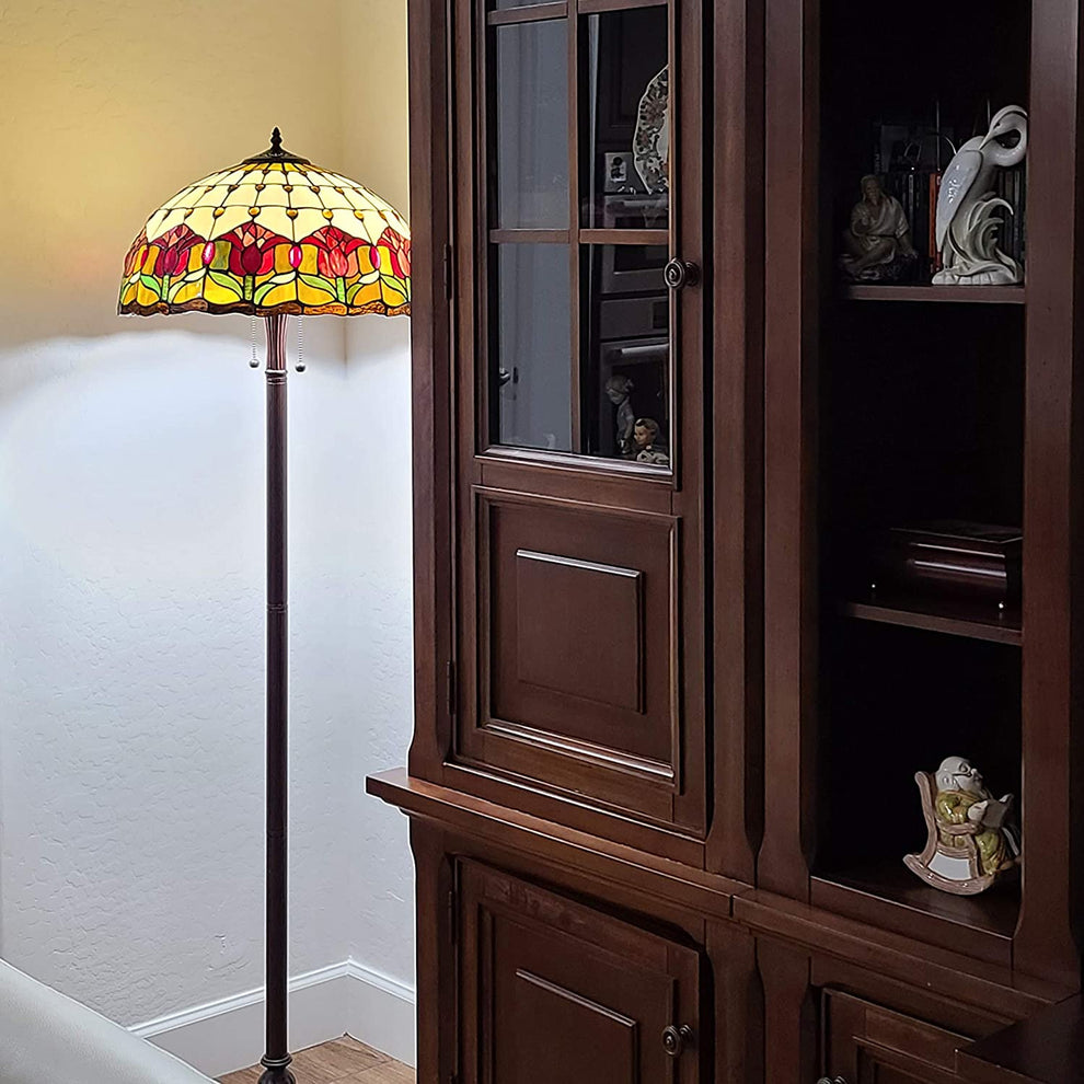 Brown Two Light Traditional Shaped Floor Lamp With Red Flowers Stained Glass Dome Shade By Homeroots | Floor Lamps | Modishstore - 5