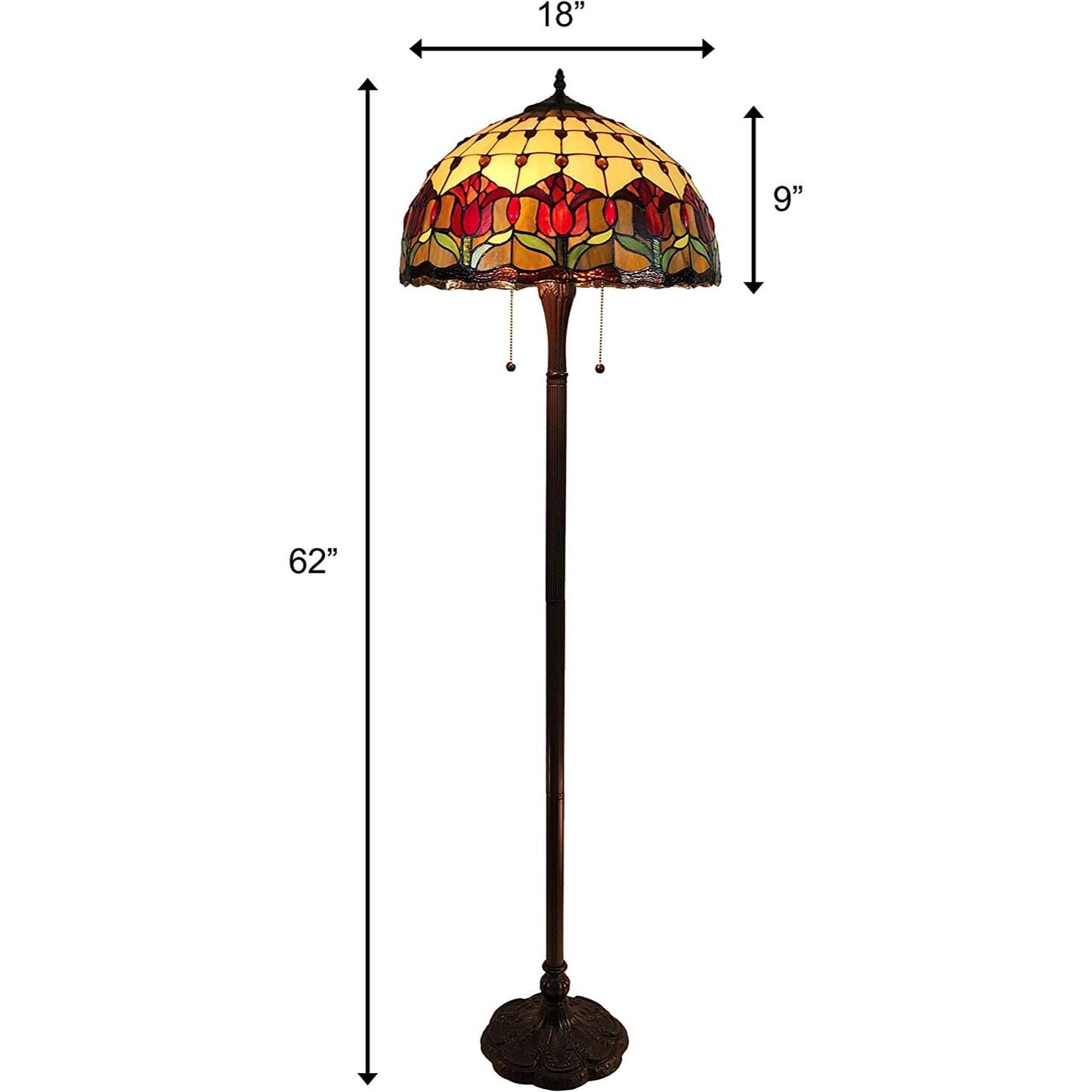 Brown Two Light Traditional Shaped Floor Lamp With Red Flowers Stained Glass Dome Shade By Homeroots | Floor Lamps | Modishstore - 7