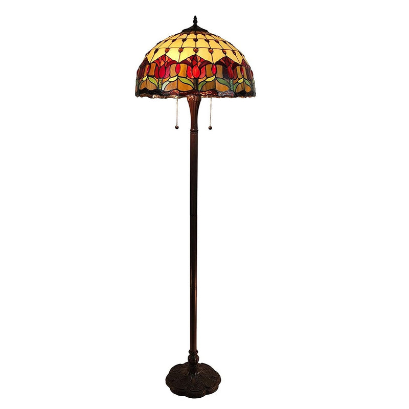 Brown Two Light Traditional Shaped Floor Lamp With Red Flowers Stained Glass Dome Shade By Homeroots | Floor Lamps | Modishstore - 1