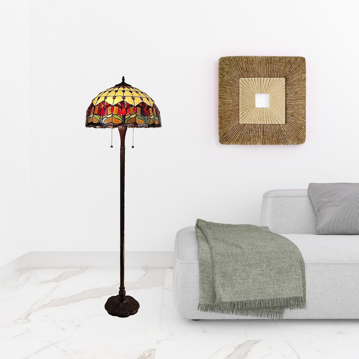 Brown Two Light Traditional Shaped Floor Lamp With Red Flowers Stained Glass Dome Shade By Homeroots | Floor Lamps | Modishstore - 2