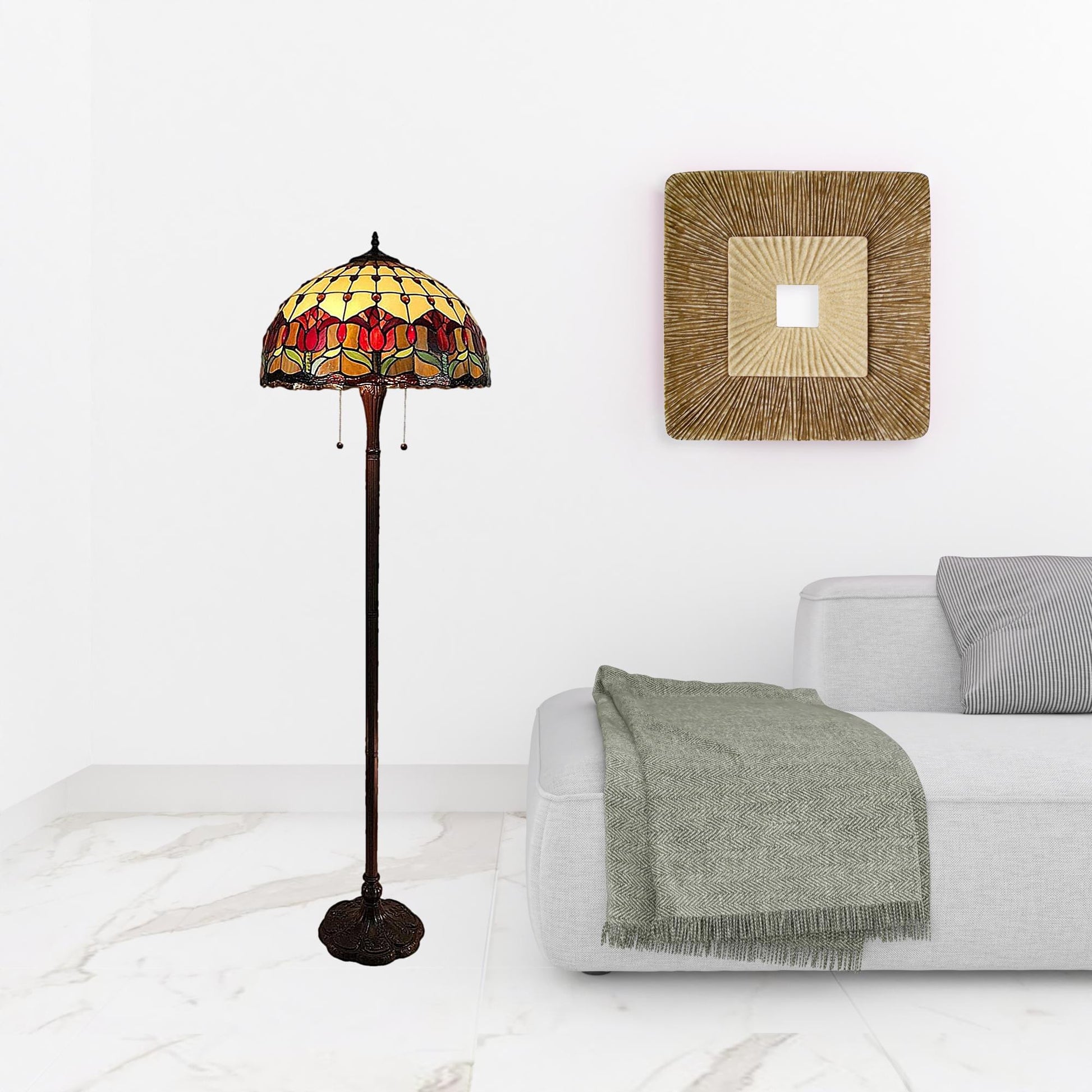 Brown Two Light Traditional Shaped Floor Lamp With Red Flowers Stained Glass Dome Shade By Homeroots | Floor Lamps | Modishstore - 2