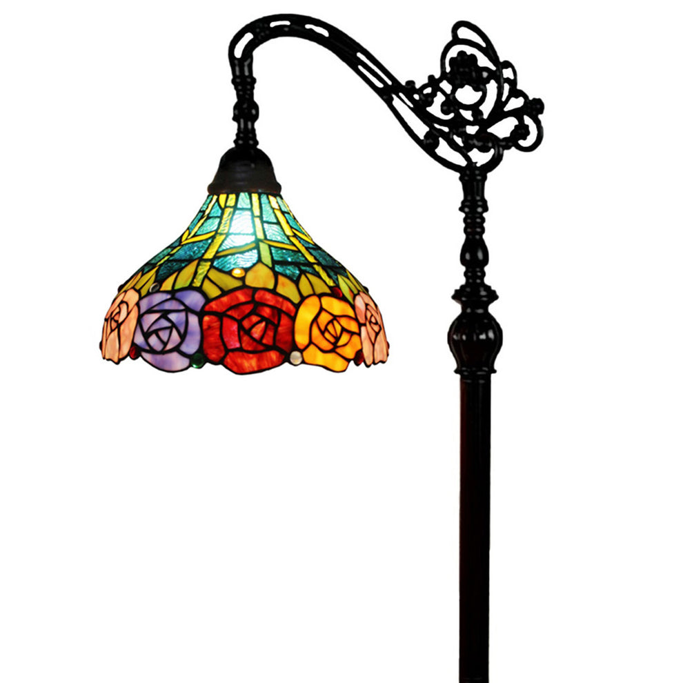 Brown Torchiere Floor Lamp With Blue and Yellow Flowers Glass Dome Shade By Homeroots | Floor Lamps | Modishstore - 7