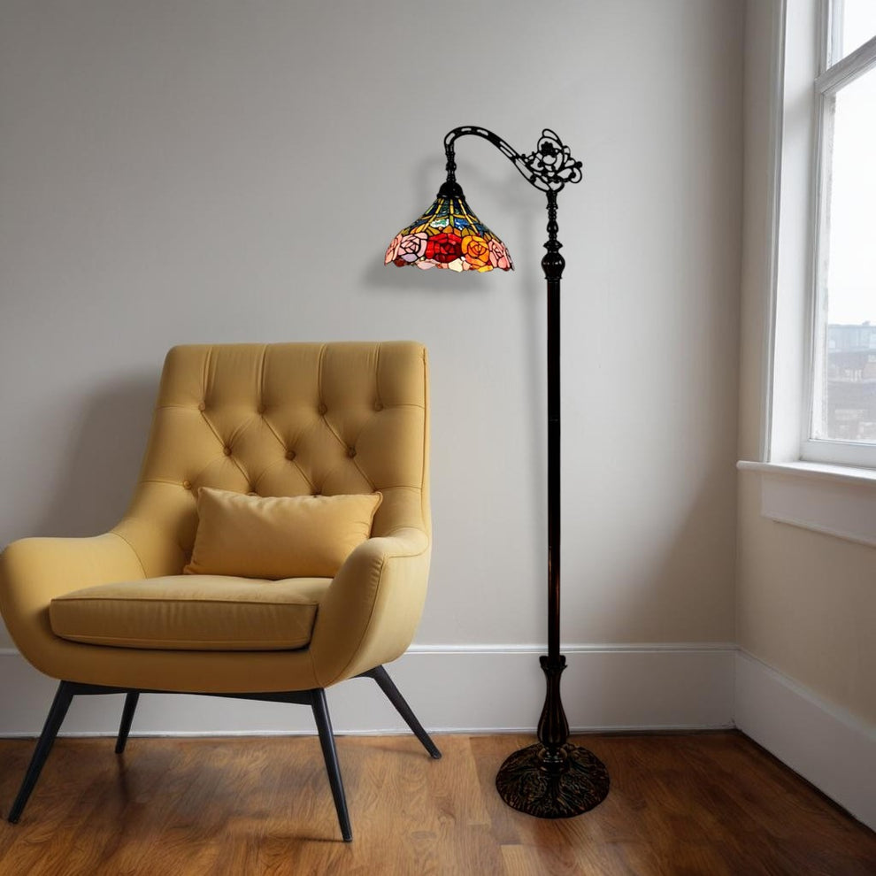 Brown Torchiere Floor Lamp With Blue and Yellow Flowers Glass Dome Shade By Homeroots | Floor Lamps | Modishstore - 2