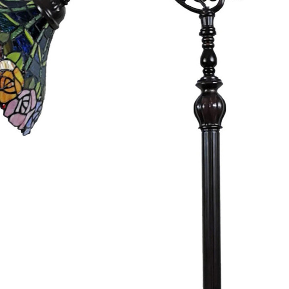 Brown Torchiere Floor Lamp With Blue and Yellow Flowers Glass Dome Shade By Homeroots | Floor Lamps | Modishstore - 8