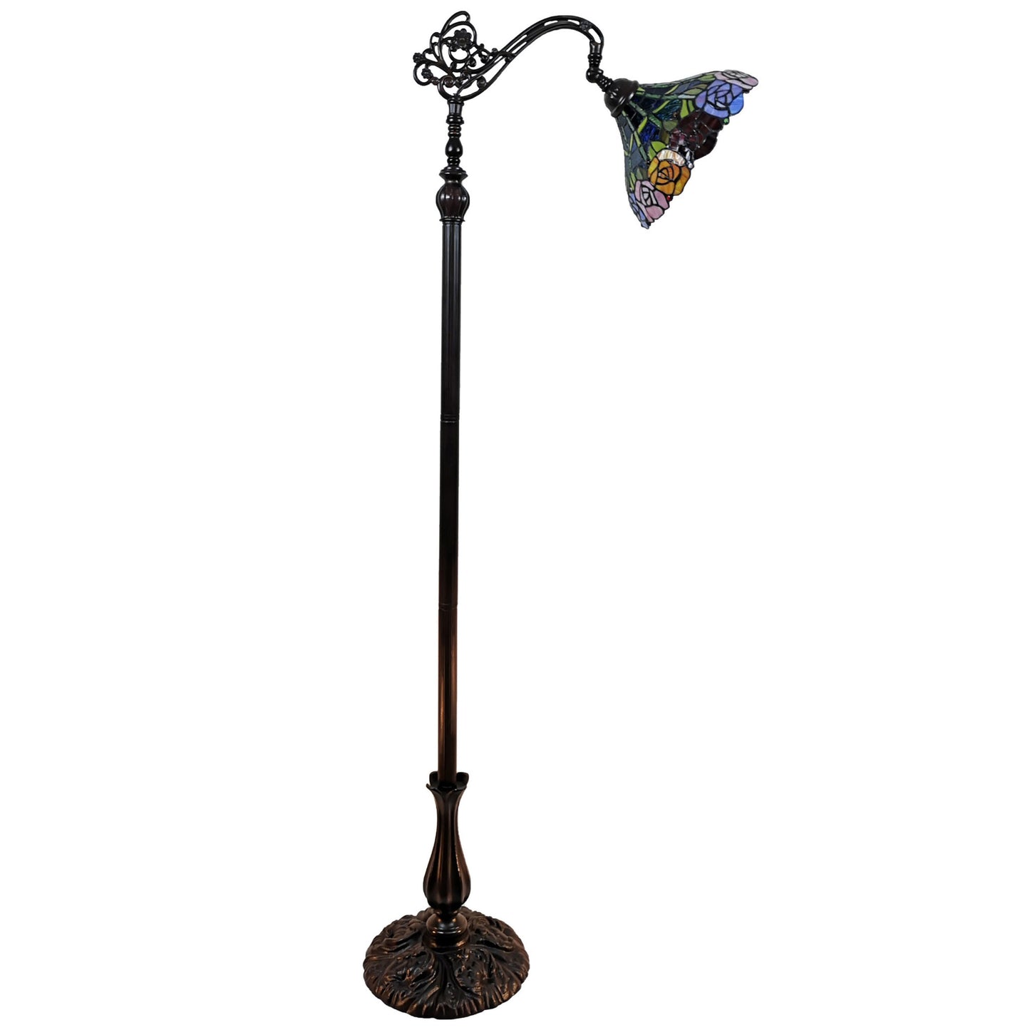 Brown Torchiere Floor Lamp With Blue and Yellow Flowers Glass Dome Shade By Homeroots | Floor Lamps | Modishstore - 5