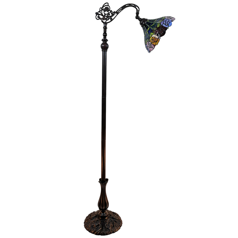 Brown Torchiere Floor Lamp With Blue and Yellow Flowers Glass Dome Shade By Homeroots | Floor Lamps | Modishstore - 5