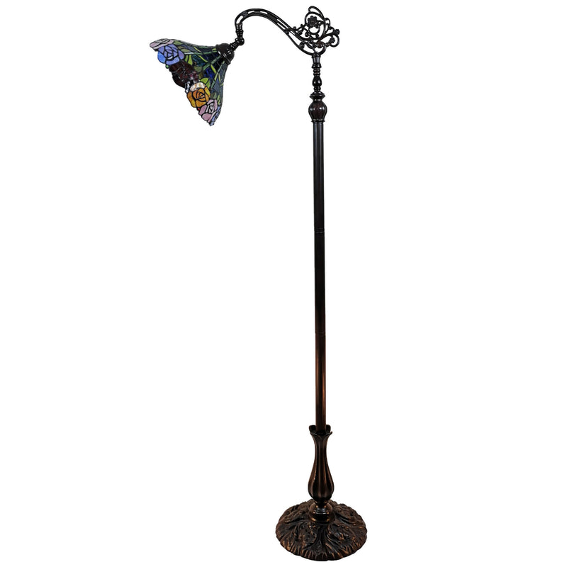 Brown Torchiere Floor Lamp With Blue and Yellow Flowers Glass Dome Shade By Homeroots | Floor Lamps | Modishstore - 1
