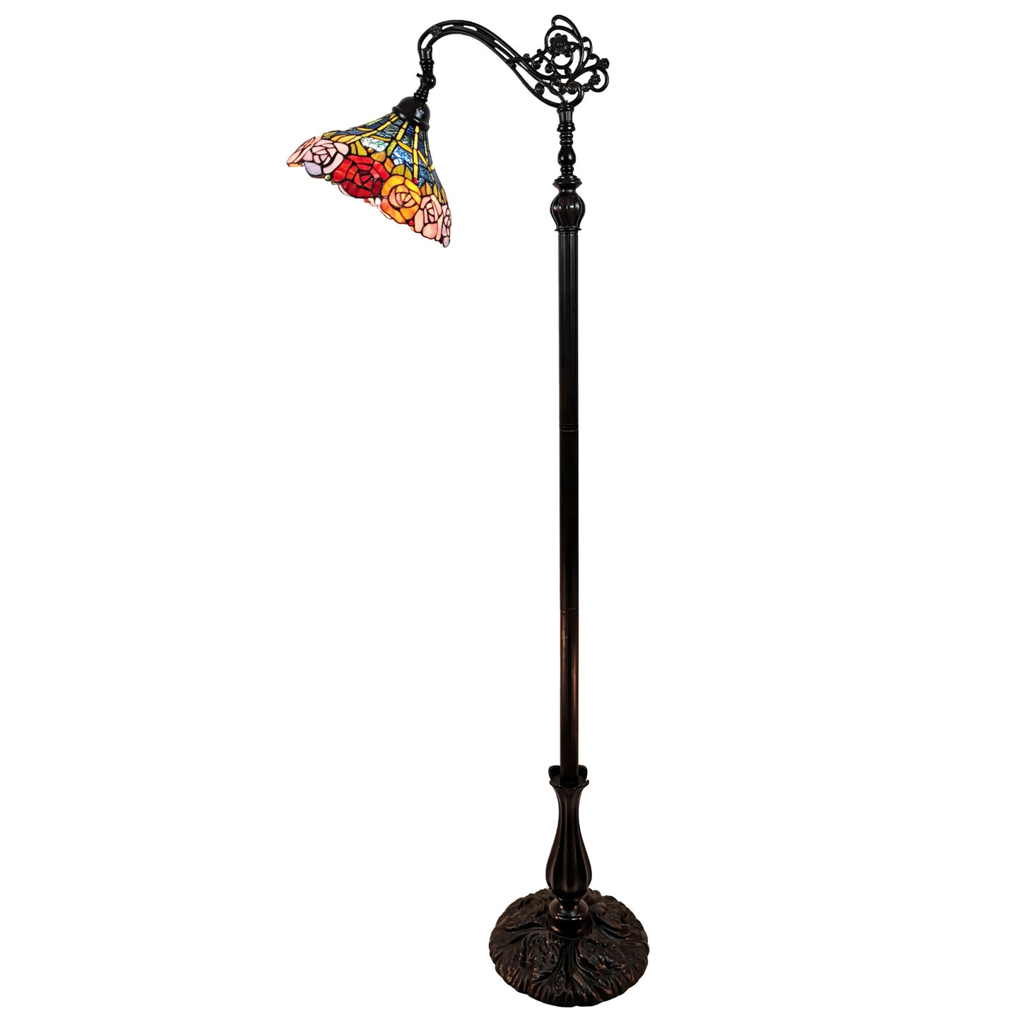 Brown Torchiere Floor Lamp With Blue and Yellow Flowers Glass Dome Shade By Homeroots | Floor Lamps | Modishstore - 4