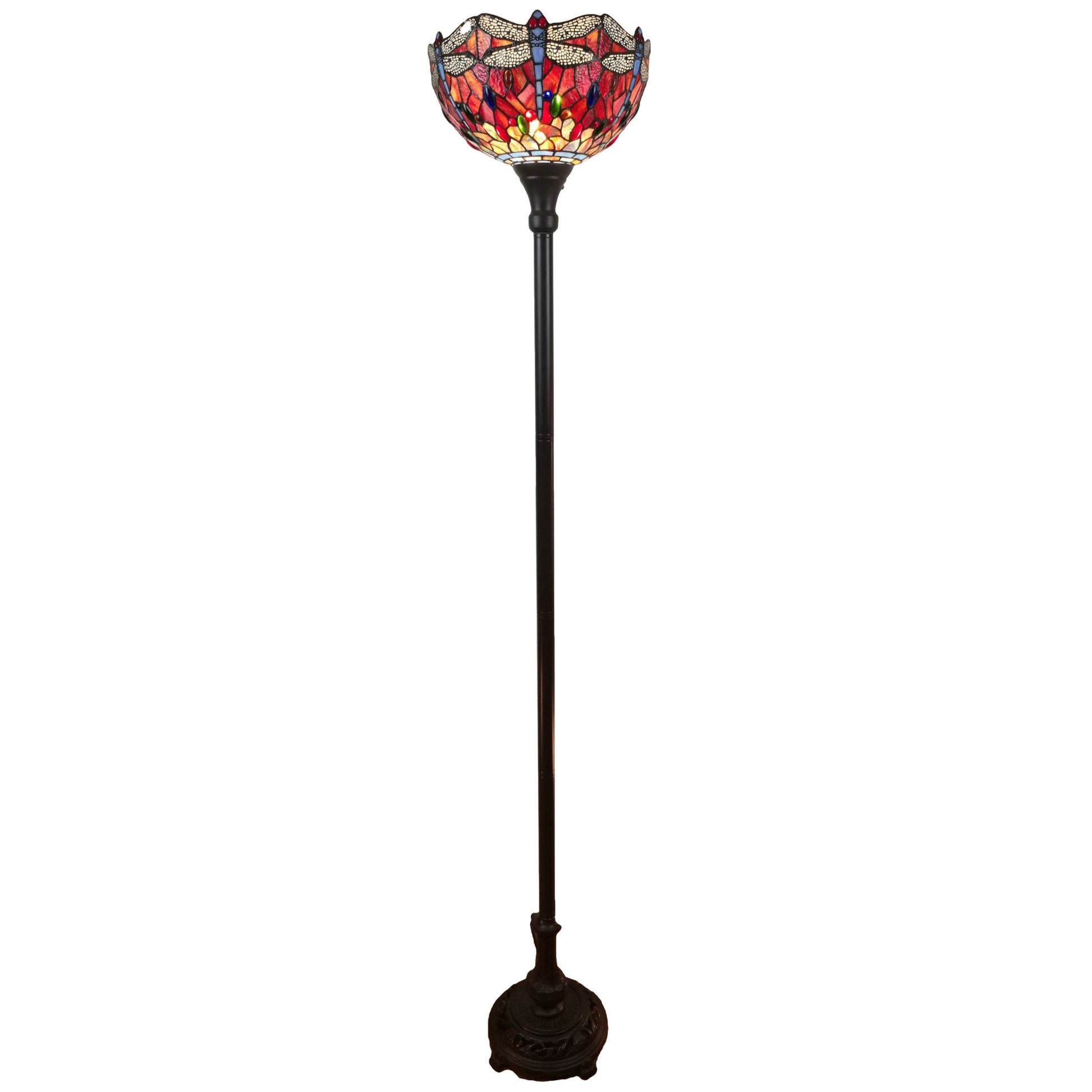 Black And Red Torchiere Floor Lamp With Red Dragonfly Glass Dome Shade By Homeroots | Floor Lamps | Modishstore - 1