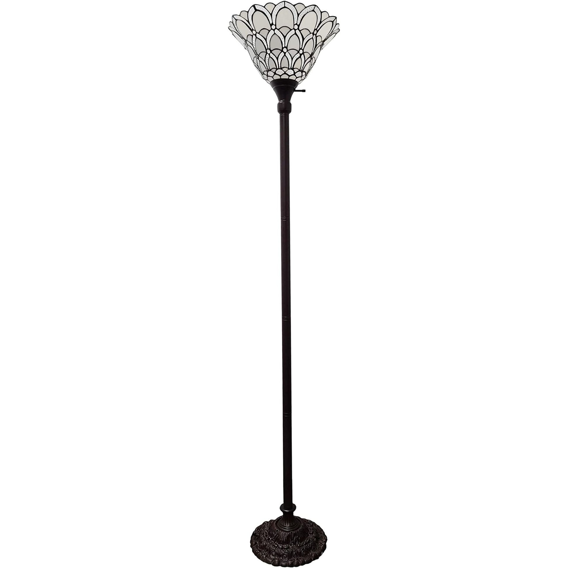 Brown And White Floor Lamp With White Peacock Feather Glass Bell Shade By Homeroots | Floor Lamps | Modishstore - 1