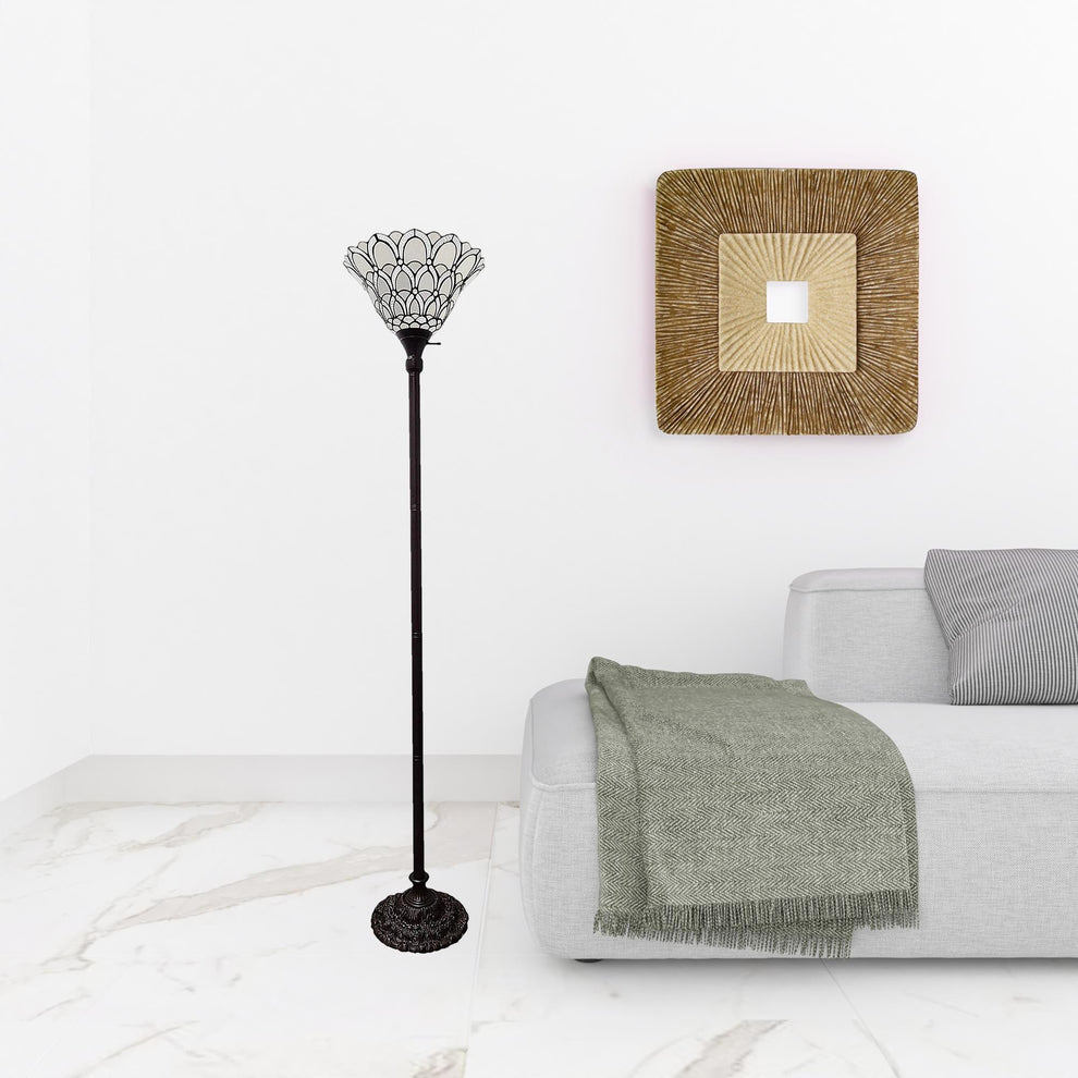 Brown And White Floor Lamp With White Peacock Feather Glass Bell Shade By Homeroots | Floor Lamps | Modishstore - 2