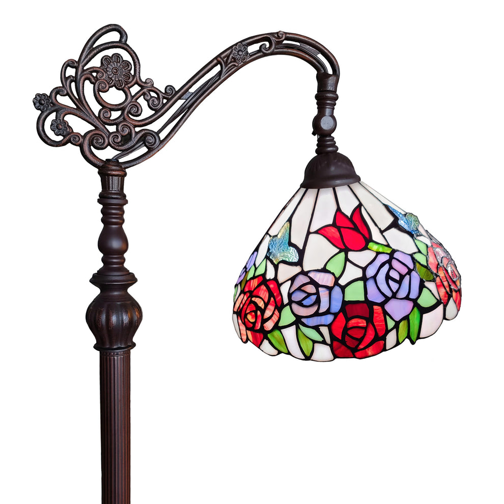 Espresso Torchiere Floor Lamp With Green And White Flowers Glass Dome Shade By Homeroots | Floor Lamps | Modishstore - 3