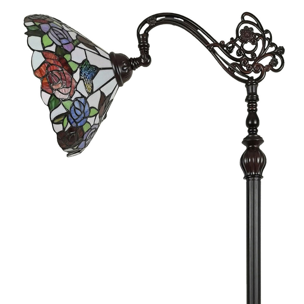 Espresso Torchiere Floor Lamp With Green And White Flowers Glass Dome Shade By Homeroots | Floor Lamps | Modishstore - 4