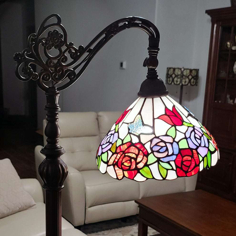 Espresso Torchiere Floor Lamp With Green And White Flowers Glass Dome Shade By Homeroots | Floor Lamps | Modishstore - 7