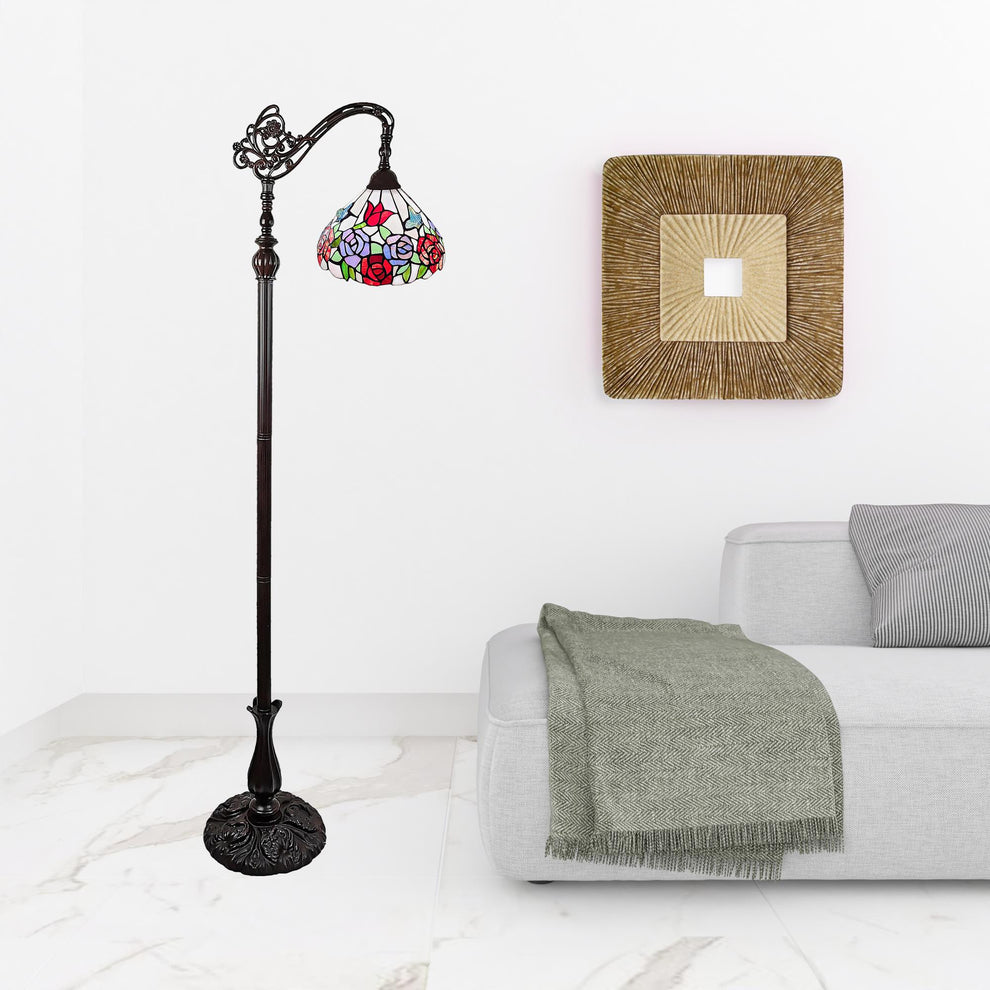 Espresso Torchiere Floor Lamp With Green And White Flowers Glass Dome Shade By Homeroots | Floor Lamps | Modishstore - 2