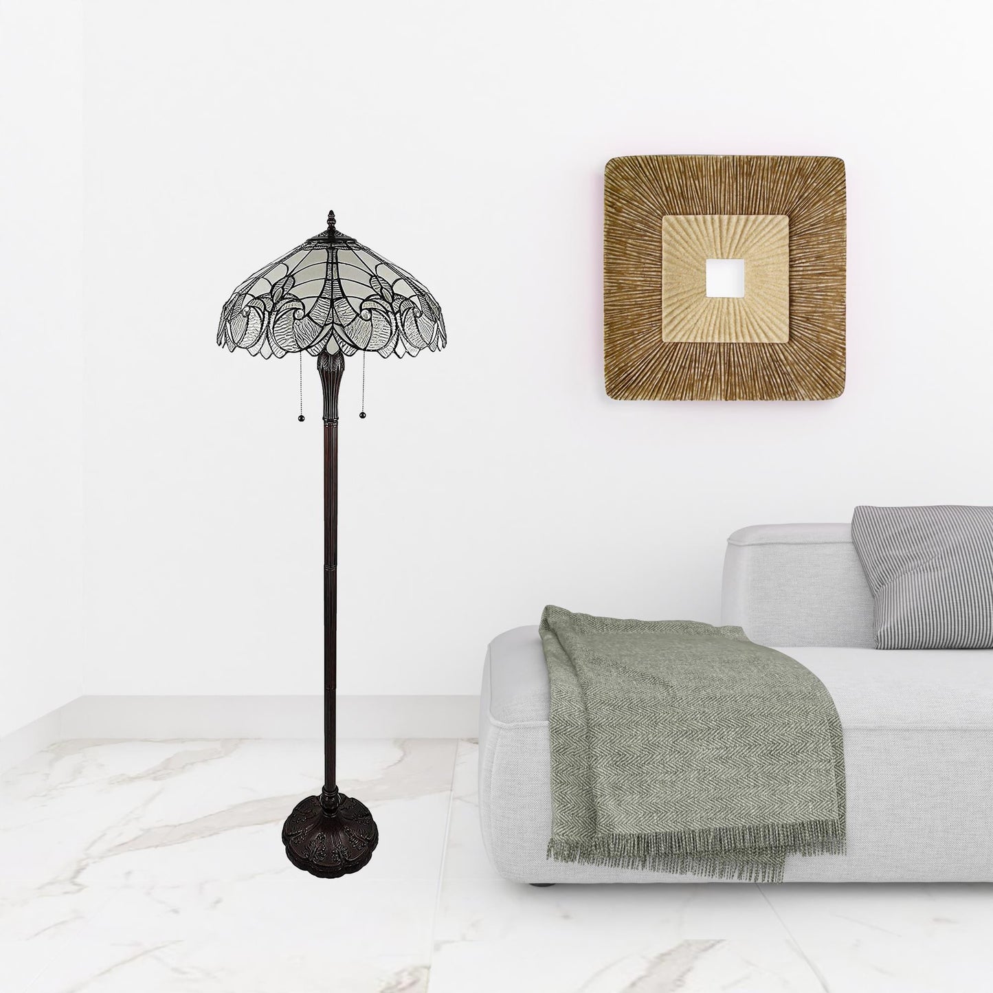 Dark Brown Two Light Torchiere Floor Lamp With White Fleur de Lis Glass Dome Shade By Homeroots | Floor Lamps | Modishstore - 2