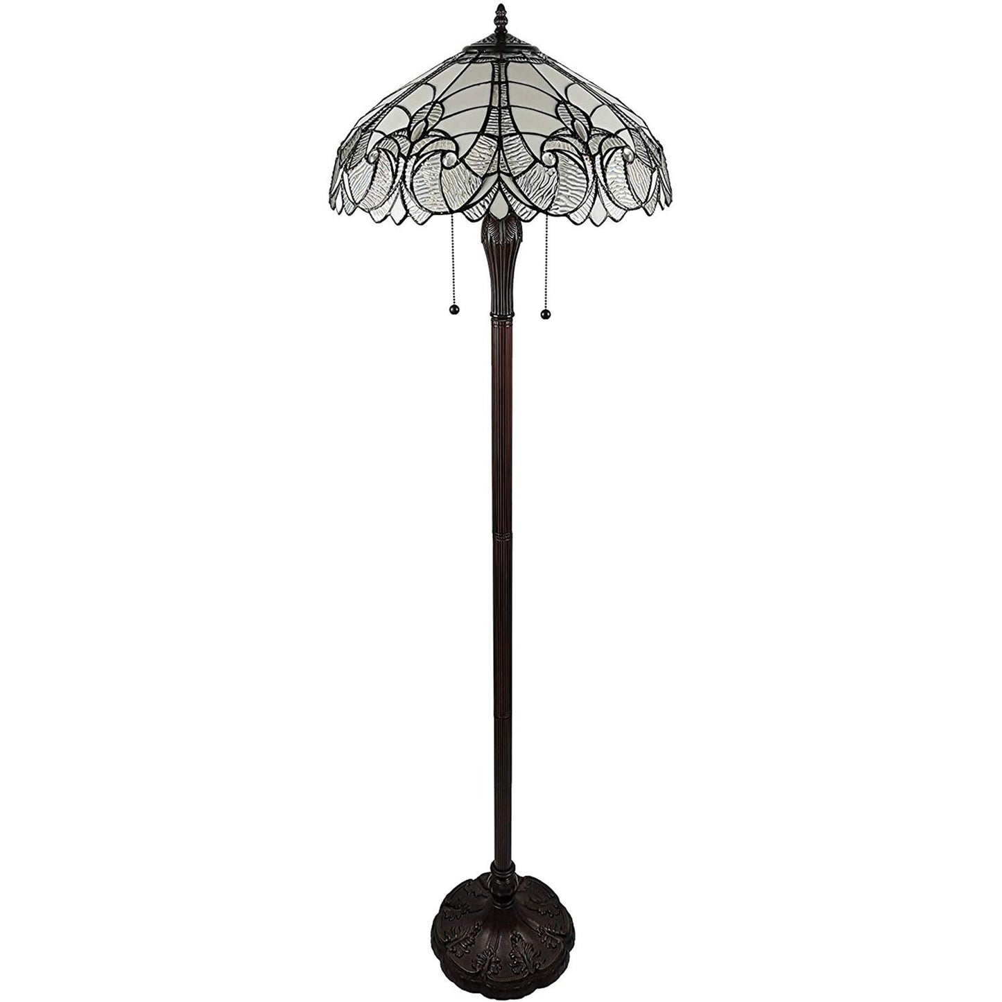 Dark Brown Two Light Torchiere Floor Lamp With White Fleur de Lis Glass Dome Shade By Homeroots | Floor Lamps | Modishstore - 1