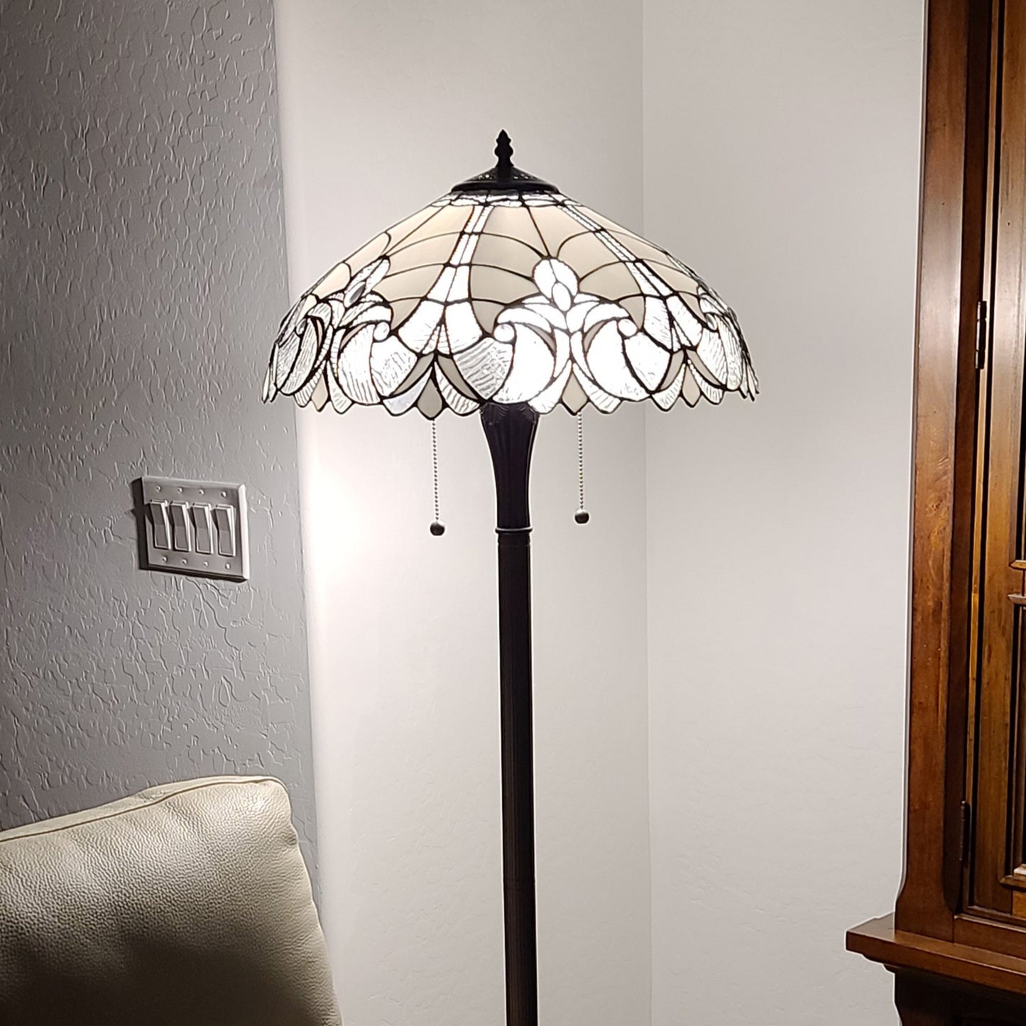 Dark Brown Two Light Torchiere Floor Lamp With White Fleur de Lis Glass Dome Shade By Homeroots | Floor Lamps | Modishstore - 8