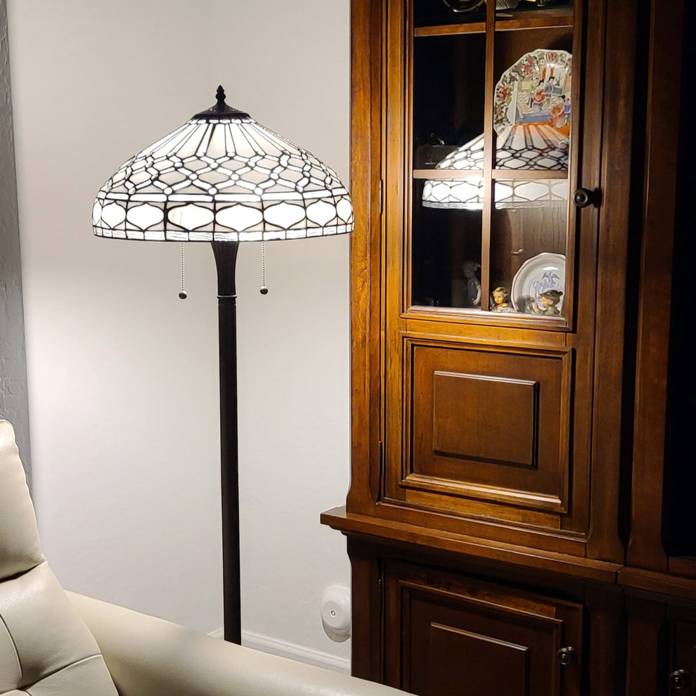 Brown And White Two Light Torchiere Floor Lamp With White Geometric Glass Dome Shade By Homeroots | Floor Lamps | Modishstore - 6