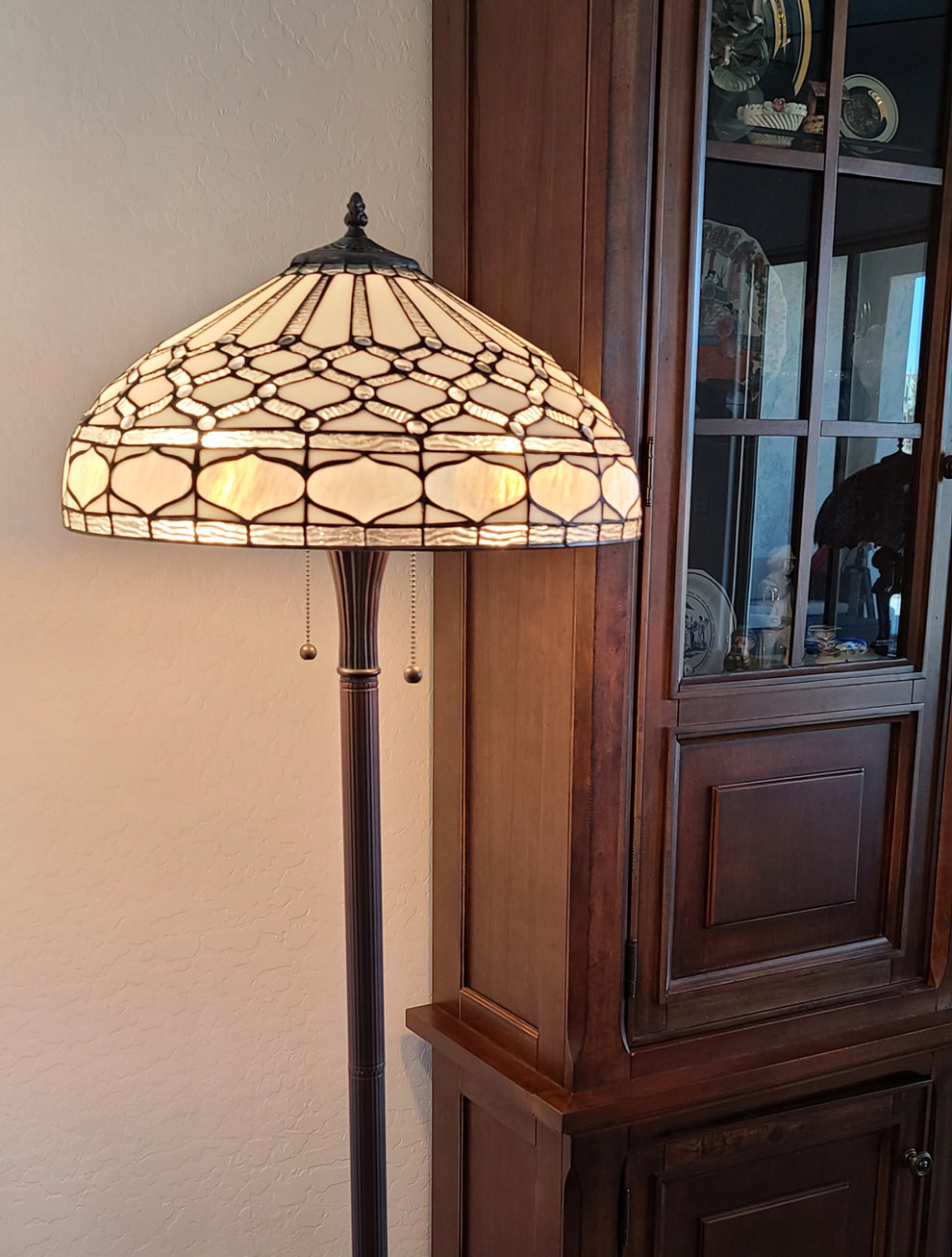 Brown And White Two Light Torchiere Floor Lamp With White Geometric Glass Dome Shade By Homeroots | Floor Lamps | Modishstore - 7