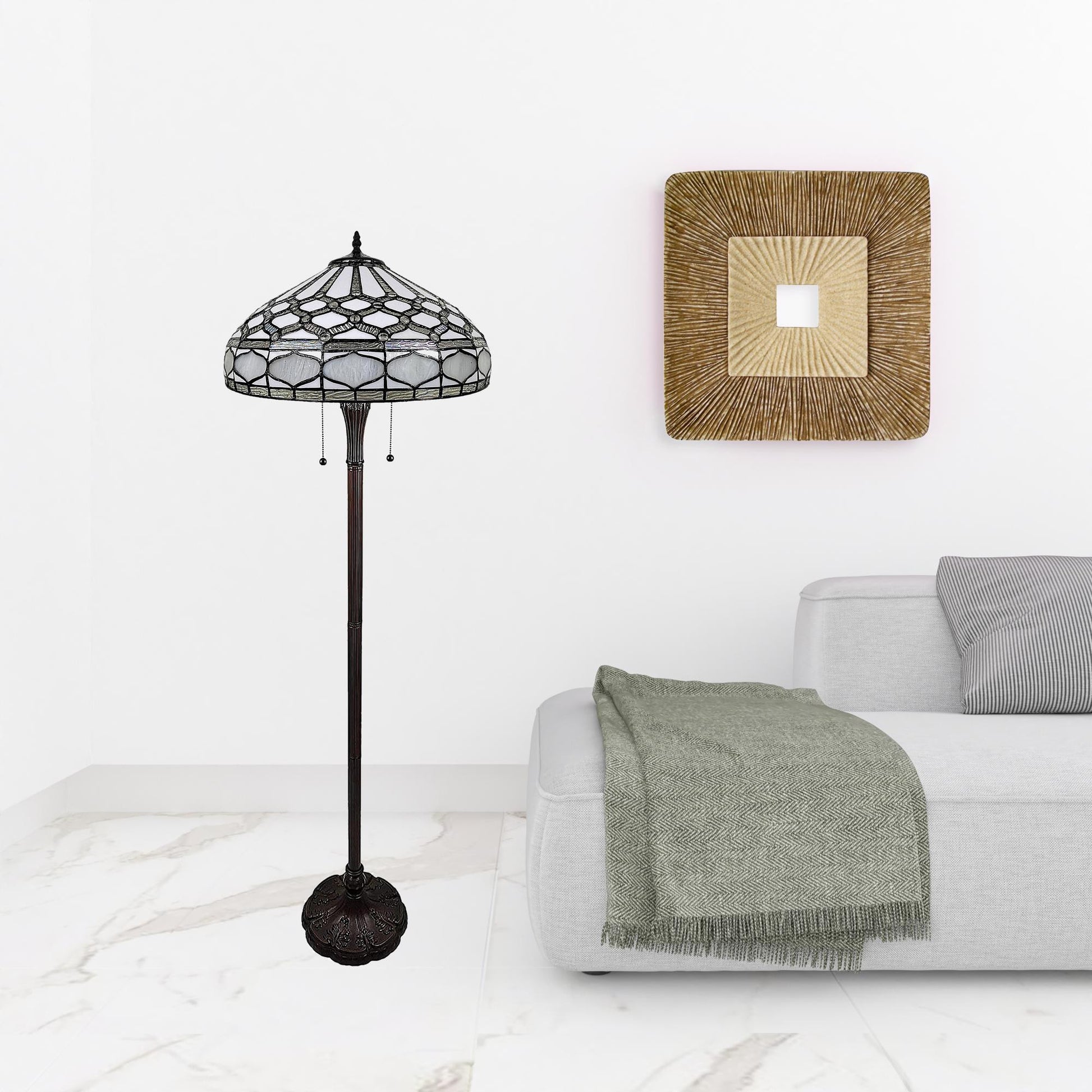 Brown And White Two Light Torchiere Floor Lamp With White Geometric Glass Dome Shade By Homeroots | Floor Lamps | Modishstore - 2