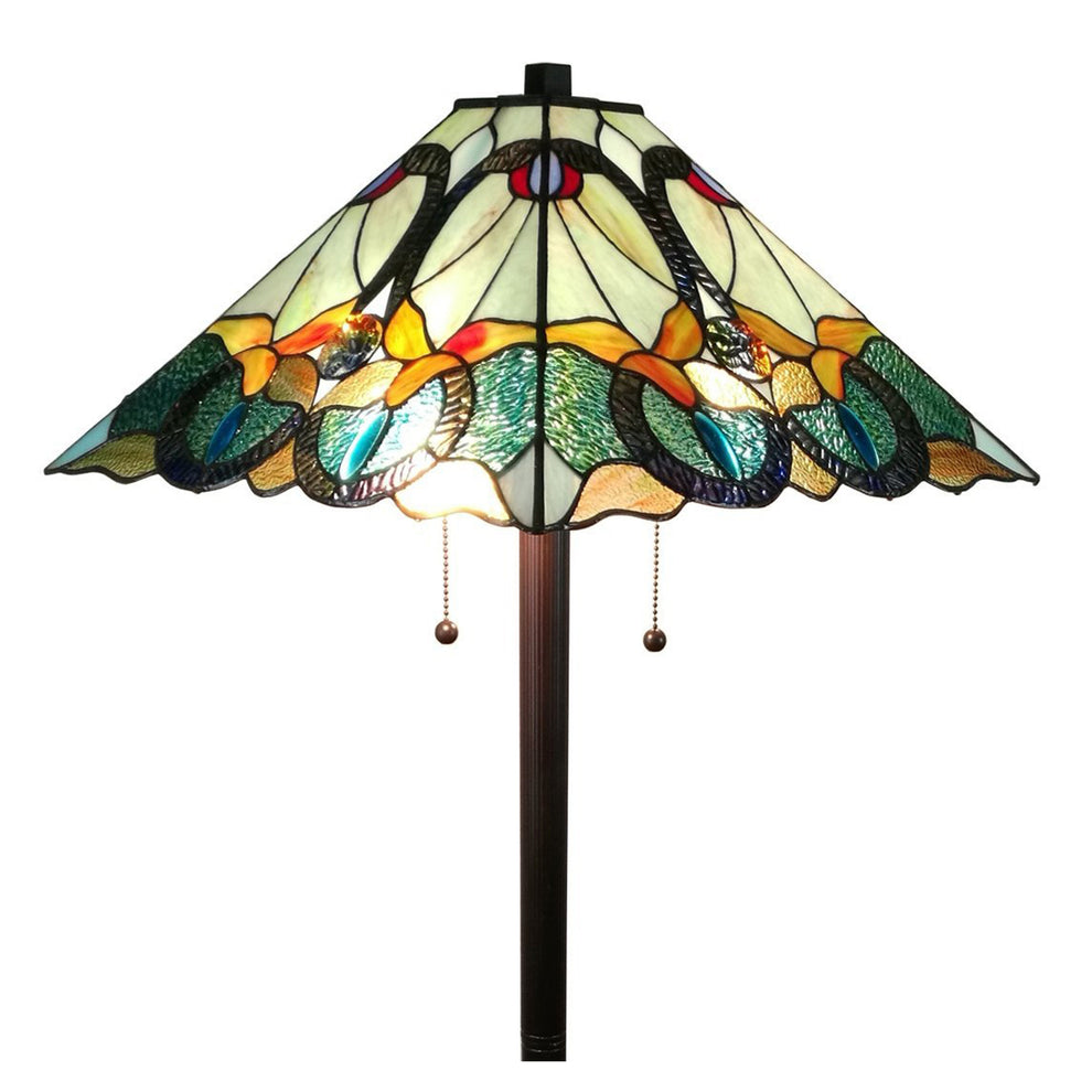 Espresso Two Light Torchiere Floor Lamp With Blue Flowers Glass Cone Shade By Homeroots | Floor Lamps | Modishstore - 2